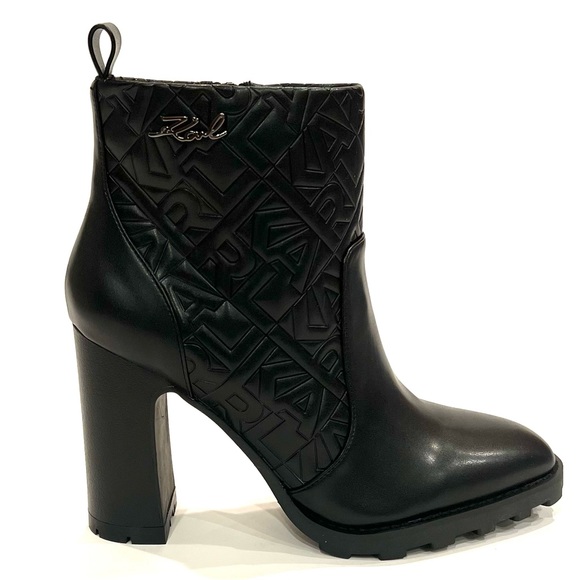 Karl Lagerfeld Black Patria Logo Embossed Lug Heel Bootie Ankle Boots 10 NEW - Picture 8 of 13